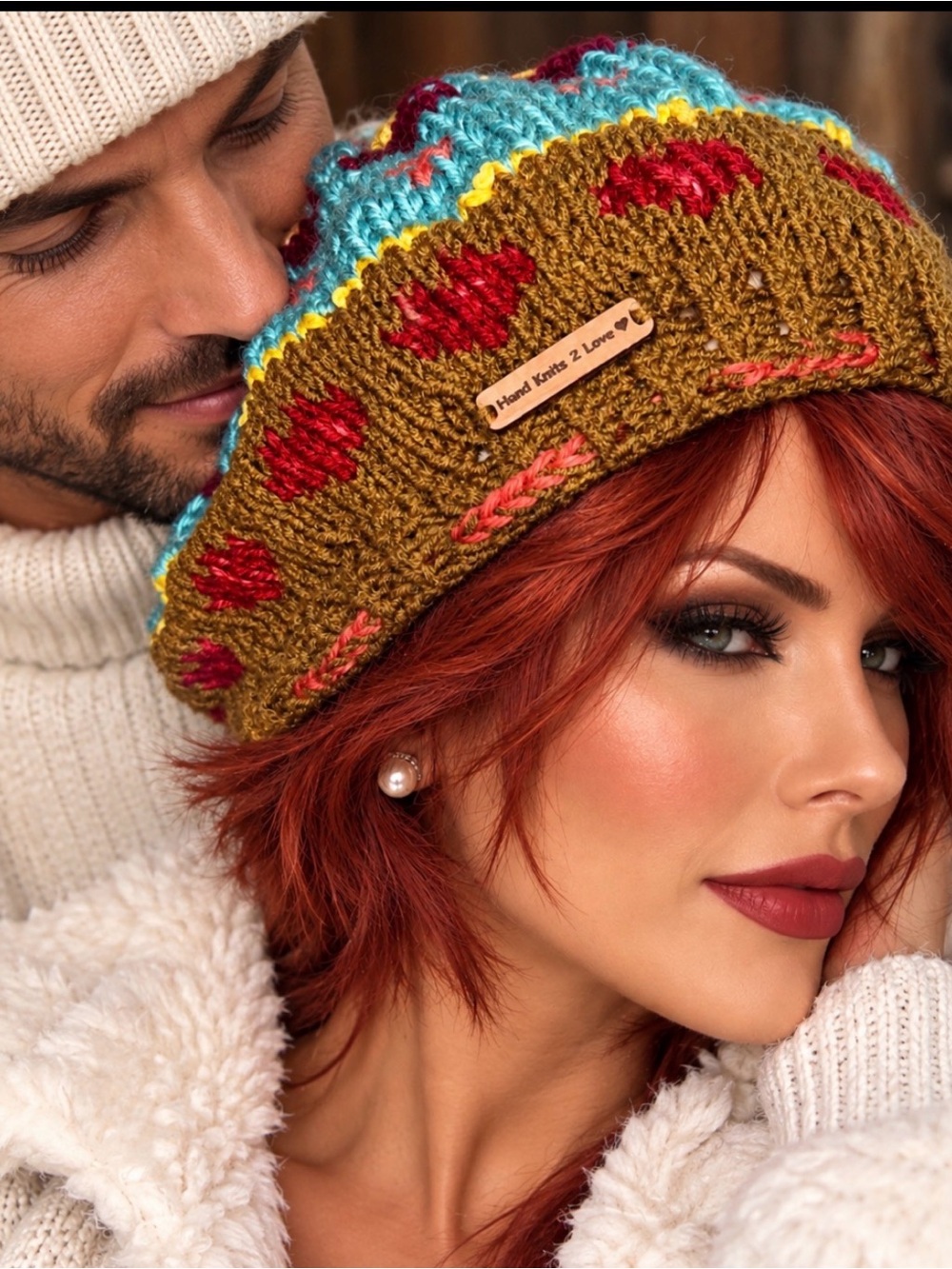 Slouch Beanie Hat Designer “Hand Knits 2 Love” Adjustable Tassels Hearts Boho